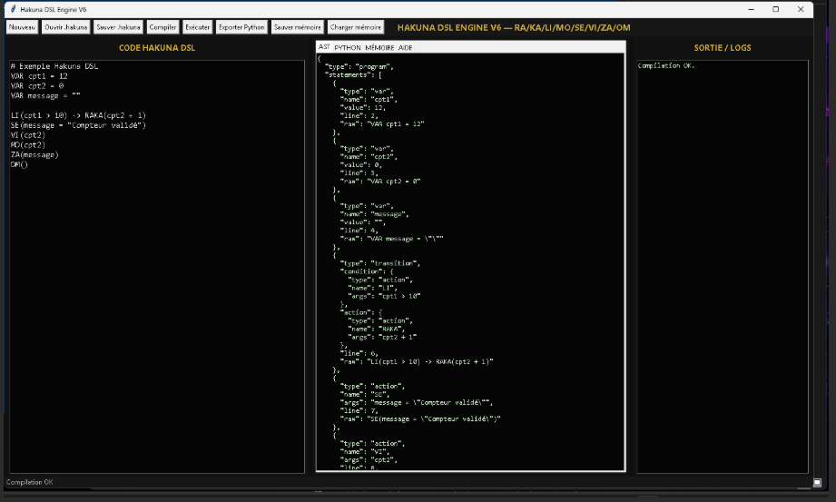 HAKUNA DSL ENGINE — capture de l’interface