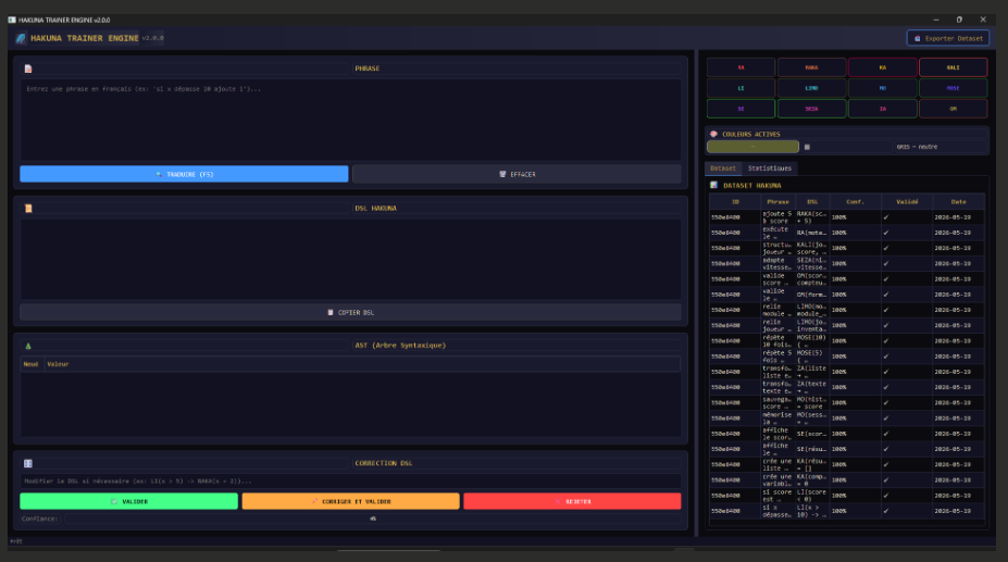 HAKUNA TRAINER ENGINE — capture de l’interface